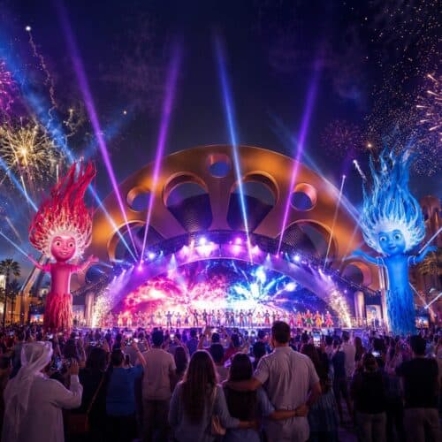 Fireworks over the illuminated stage at the Dubai Parks and Resorts opening ceremony