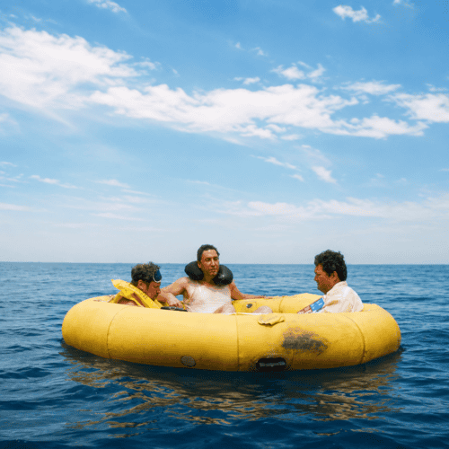 A raft at sea, from the Geico Adrift commercial
