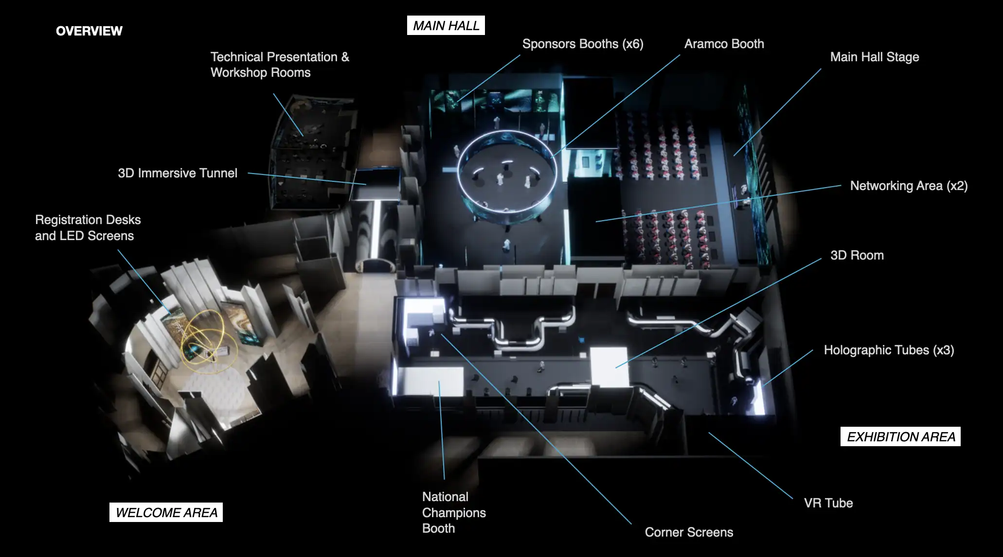 Aramco Symposium exhibition floor plan with the zones labelled