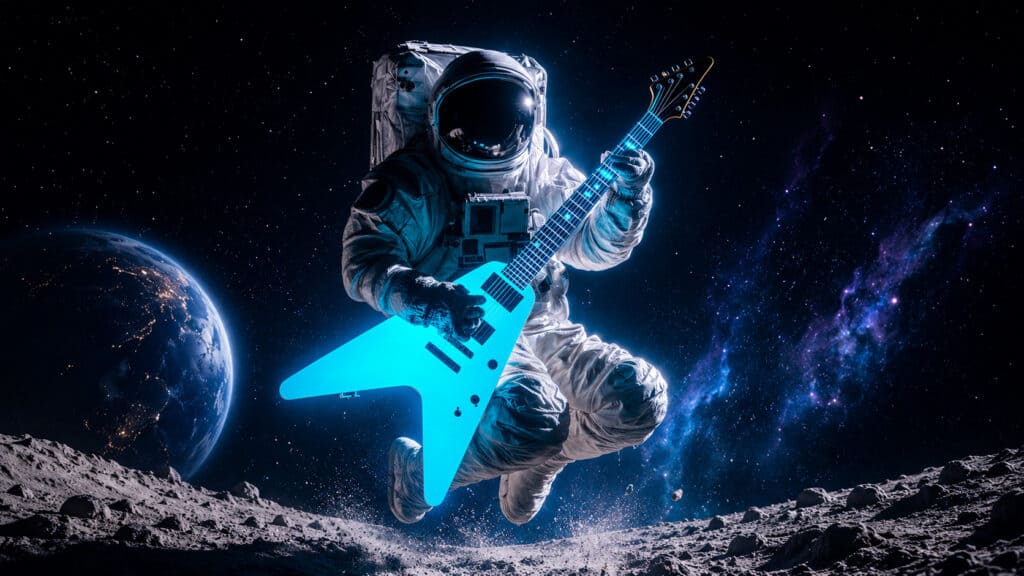 Sonic branding by WithFeeling, an astronaut playing a glowing blue electric guitar in space