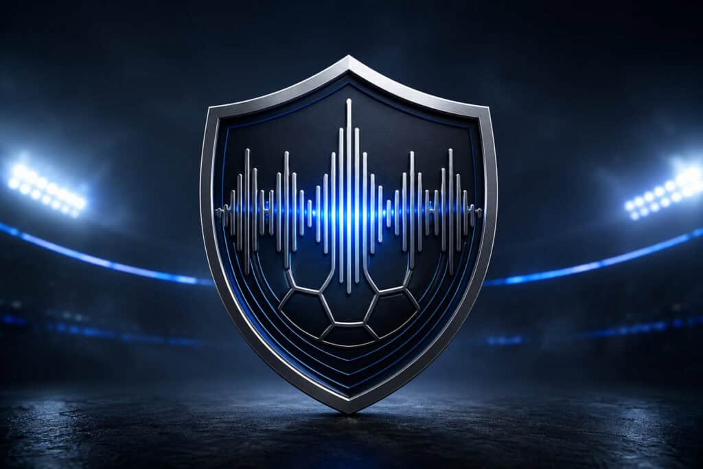 Sonic logo shown as a glowing blue audio waveform inside a metallic brand shield, by WithFeeling
