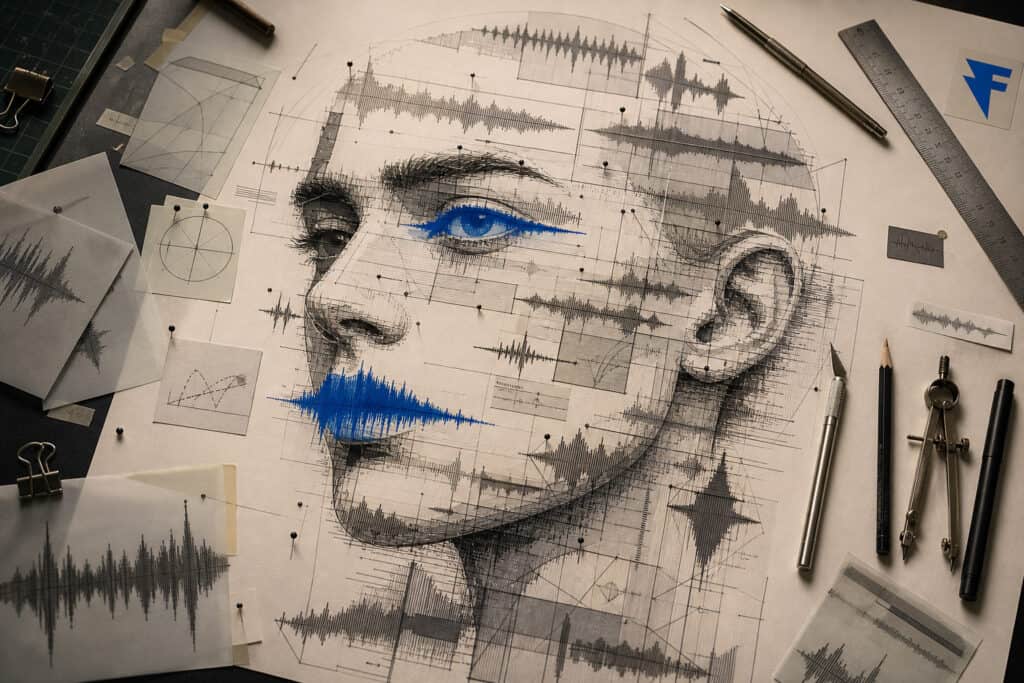 Sound design illustrated as a human face formed from audio waveforms and blueprint lines, by WithFeeling