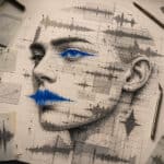 Sound design illustrated as a human face formed from audio waveforms and blueprint lines, by WithFeeling