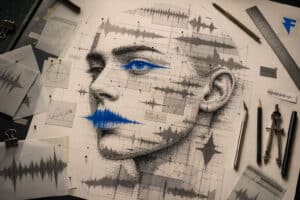 Sound design illustrated as a human face formed from audio waveforms and blueprint lines, by WithFeeling