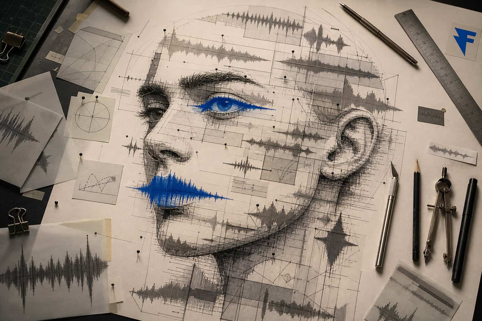 Sound design illustrated as a human face formed from audio waveforms and blueprint lines, by WithFeeling