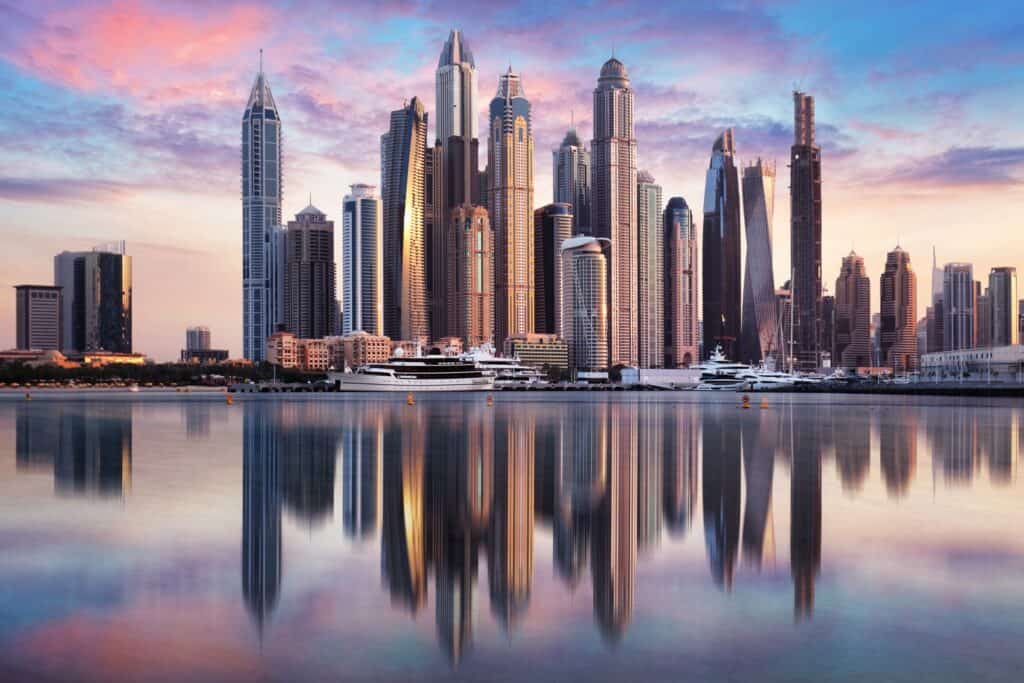 Dubai Marina skyline at dusk, home to the best sonic branding agencies in the Middle East