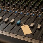 Sonic branding cost: price tag resting on a mixing desk fader