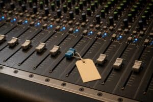 Sonic branding cost: price tag resting on a mixing desk fader
