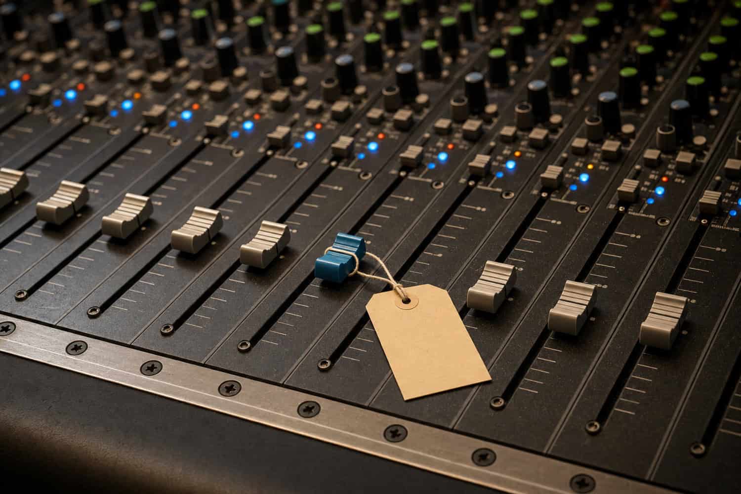 Sonic branding cost: price tag resting on a mixing desk fader