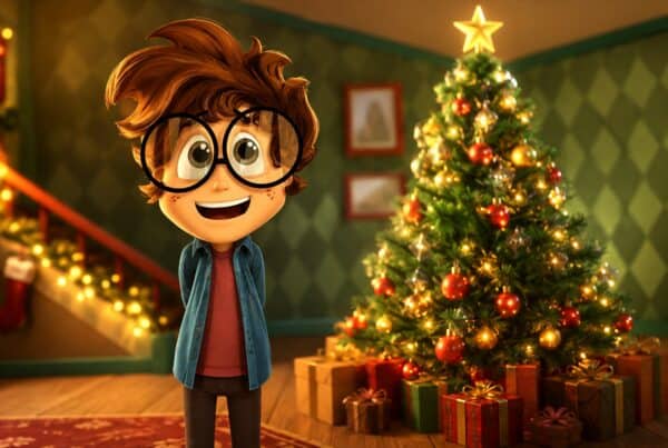 An animated boy in round glasses grinning beside a lit Christmas tree and a pile of presents