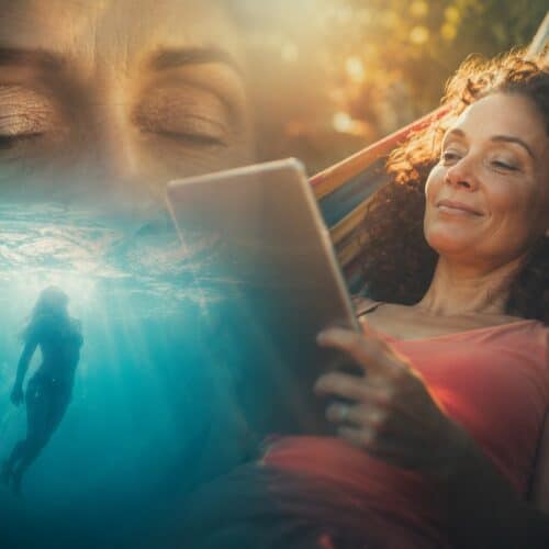 A woman relaxing in a hammock reading a tablet at golden hour, with a dreamlike overlay of closed eyes and a swimmer underwater