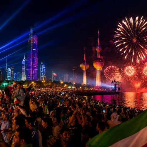 Fireworks and searchlights over the Kuwait Towers and city skyline, with a crowd waving Kuwaiti flags along the waterfront