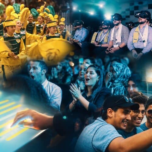 Collage of Linkviva event moments: a marching band in yellow, guests wearing VR headsets, a cheering crowd, friends taking a selfie and a hand on a lit interactive touchscreen
