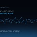 A blue audio waveform on a dark blue background beside the line: and d) a ten minute long piece of music, illustrating the Emirates boarding music
