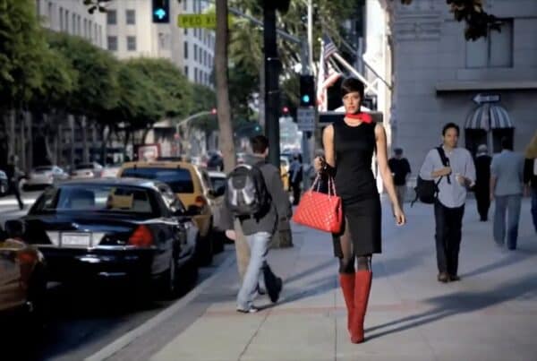A woman in a red dress and boots crossing a city street beside traffic