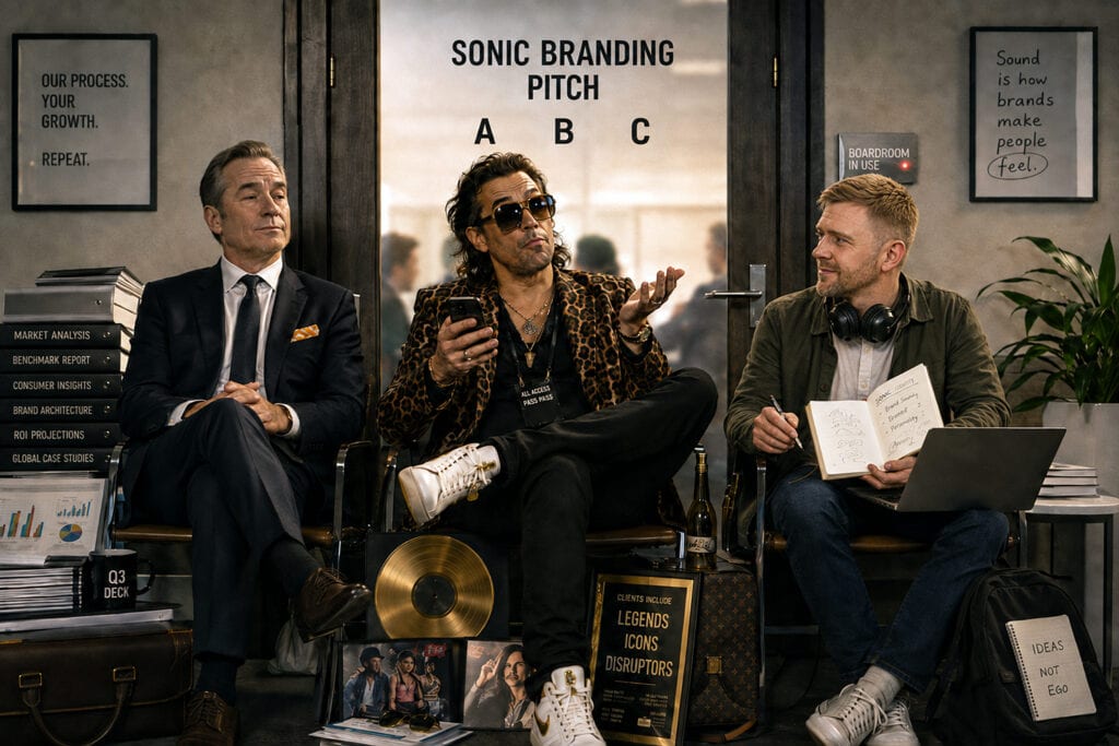 Three sonic branding agency archetypes waiting outside a pitch room: a corporate executive with binders of data, a starstruck music-industry connector in a leopard-print jacket, and an independent creative with headphones and a notebook of ideas
