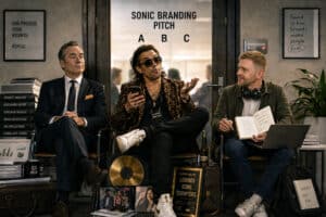 Three sonic branding agency archetypes waiting outside a pitch room: a corporate executive with binders of data, a starstruck music-industry connector in a leopard-print jacket, and an independent creative with headphones and a notebook of ideas