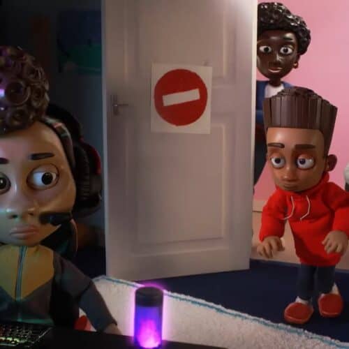 Animated characters gathered in a doorway in a brightly lit bedroom