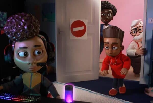 Animated characters gathered in a doorway in a brightly lit bedroom