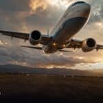 A passenger jet climbing low overhead at sunset, engines towards the camera