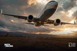 A passenger jet climbing low overhead at sunset, engines towards the camera