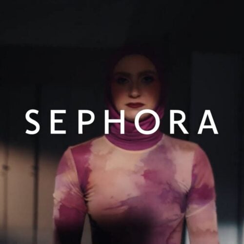 A woman in a patterned top in a softly lit interior, with Sephora titling