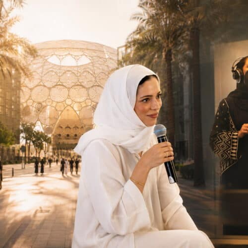 Safia Al Shehi, the voice of Expo 2020 Dubai, holding a microphone in front of the Al Wasl Dome at Expo City, alongside a recording booth session