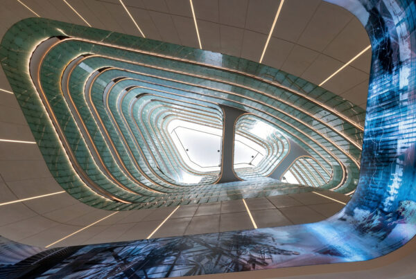 Looking up through the atrium at Atheel KAFD Hotel, Riyadh, with the We Grow artwork wrapping the LED ceiling