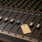 Sonic branding cost: price tag resting on a mixing desk fader
