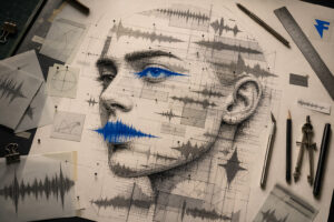 Sound design illustrated as a human face formed from audio waveforms and blueprint lines, by WithFeeling