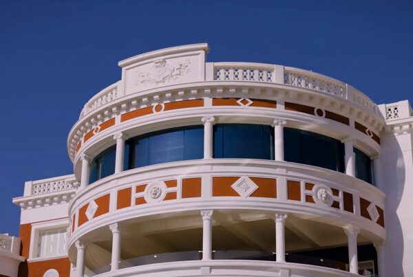 The Red Palace, Riyadh: the round corner tower of the palace against a deep blue sky
